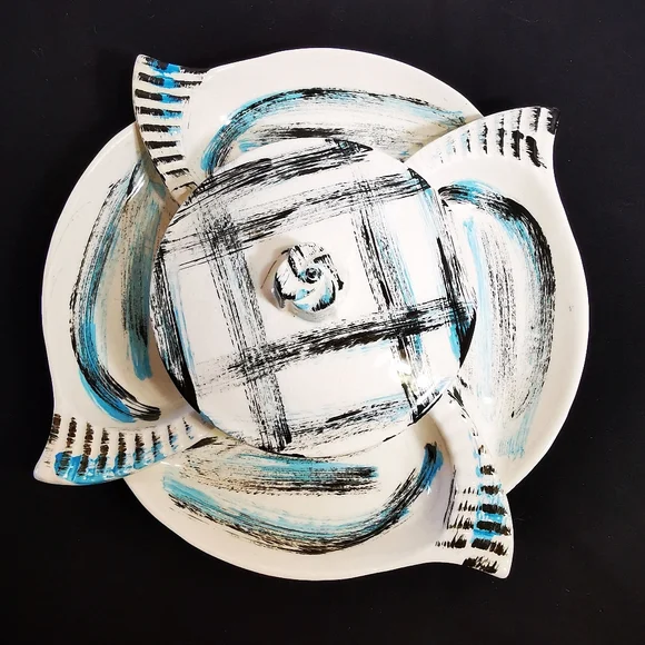 California Pottery Vintage Serving Set Blue and Black Brushstroke Plaid 6 Pieces - Picture 1 of 16